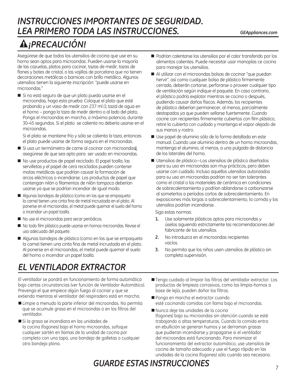 Guarde estas instrucciones, Precaución! el ventilador extractor | GE JVM6172RFSS User Manual | Page 7 / 60