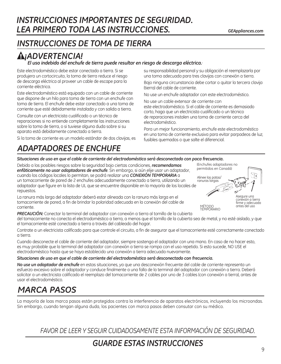 Advertencia, Guarde estas instrucciones, Marca pasos | GE JVM6172RFSS User Manual | Page 9 / 60