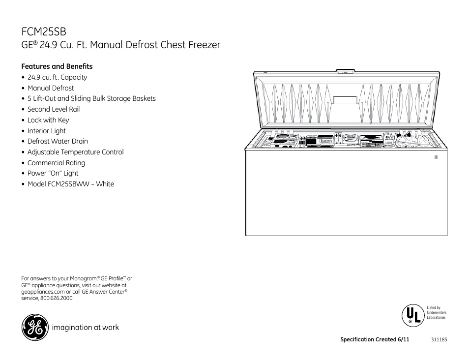 Fcm25sb, 9 cu. ft. manual defrost chest freezer | GE FCM25SBWW User Manual | Page 2 / 2