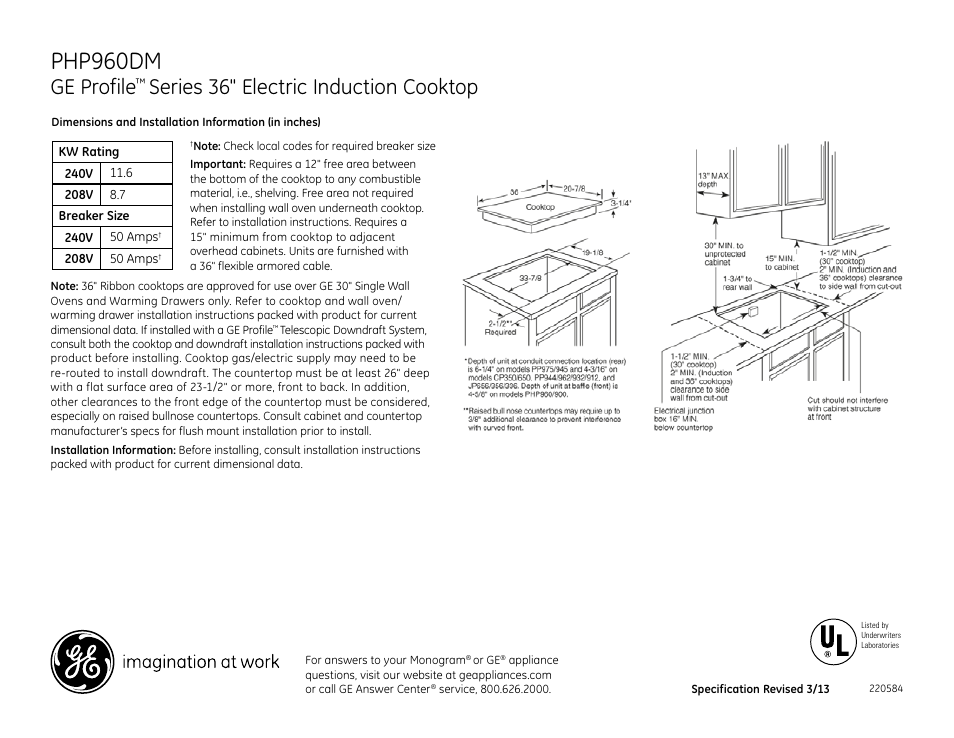 GE PHP960DMBB User Manual | 2 pages