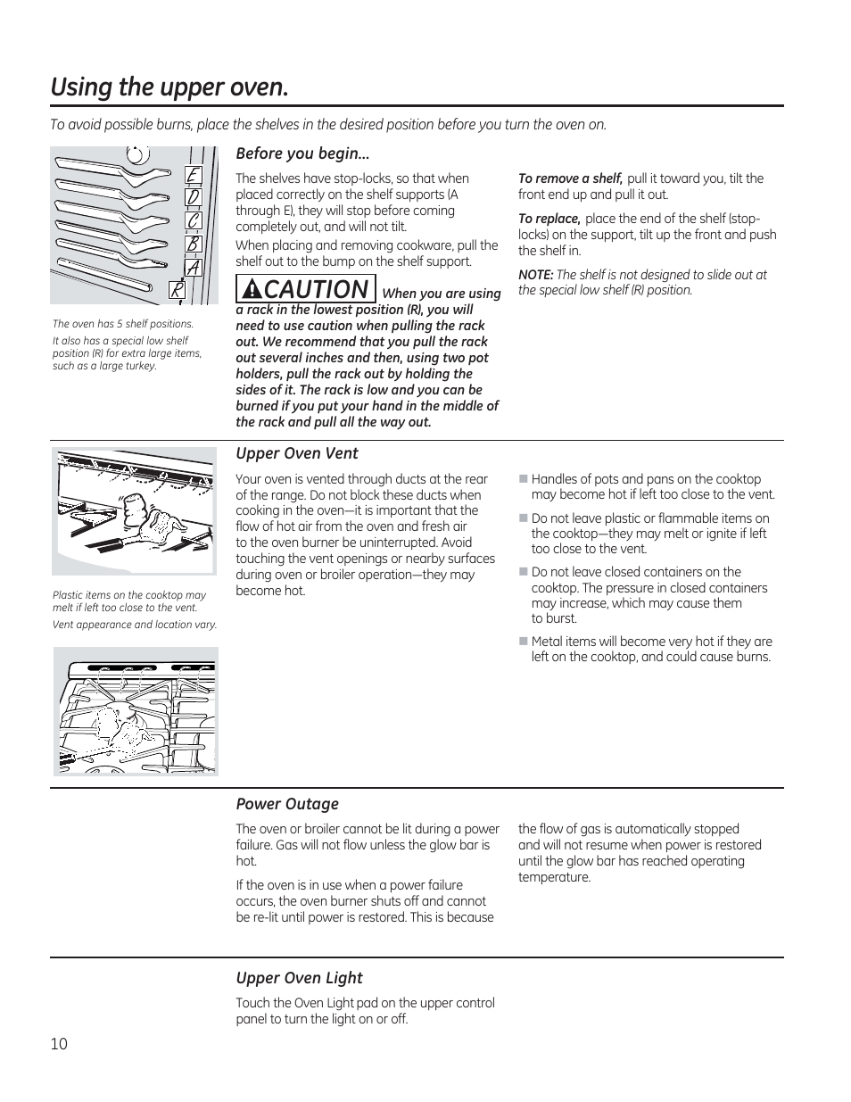 Before you begin, Power outage, Upper oven light | Aca^tion, Using the upper oven | GE C2S985SETSS User Manual | Page 10 / 120