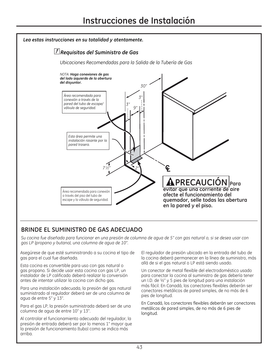 0 requisitos del suministro de gas, Brinde el suministro de gas adecuado, Instrucciones de instalación | GE C2S985SETSS User Manual | Page 103 / 120