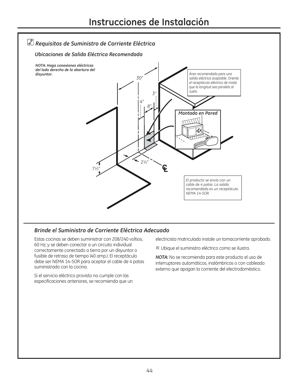 Requisitos de suministro de corriente eléctrica, Instrucciones de instalación | GE C2S985SETSS User Manual | Page 104 / 120