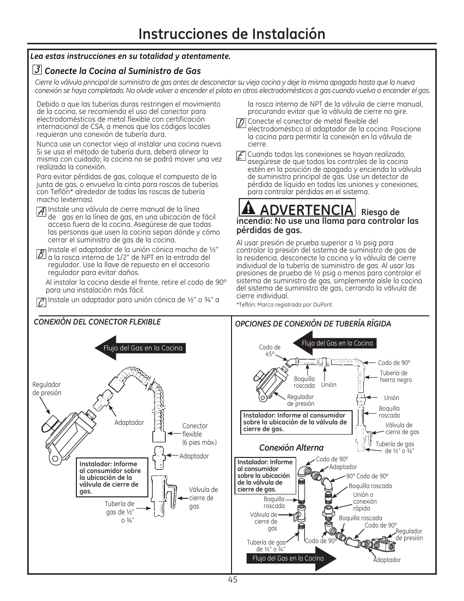 Conecte la cocina al suministro de gas, Conexión alterna, Instrucciones de instalación | A advertencia | GE C2S985SETSS User Manual | Page 105 / 120