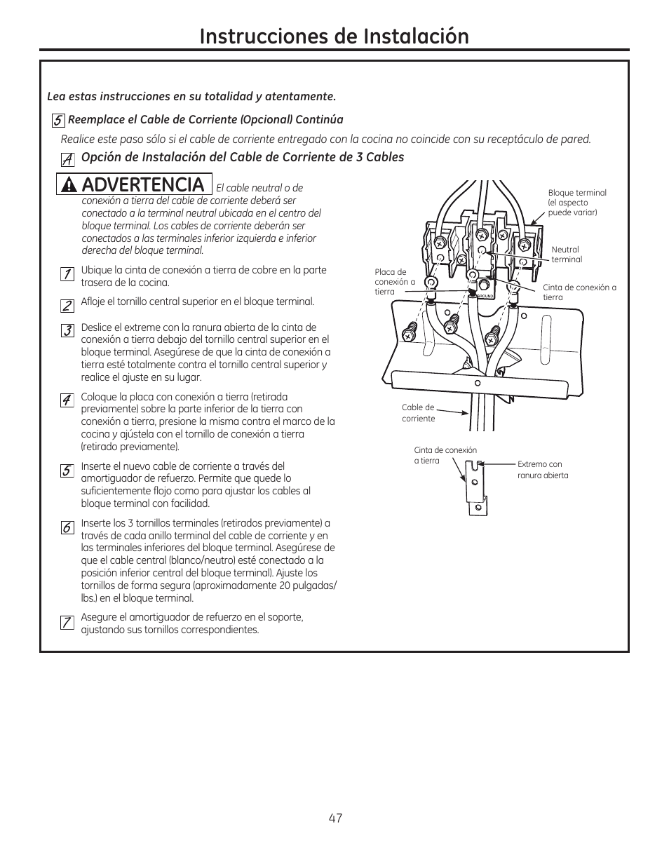 Instrucciones de instalación, Advertencia | GE C2S985SETSS User Manual | Page 107 / 120
