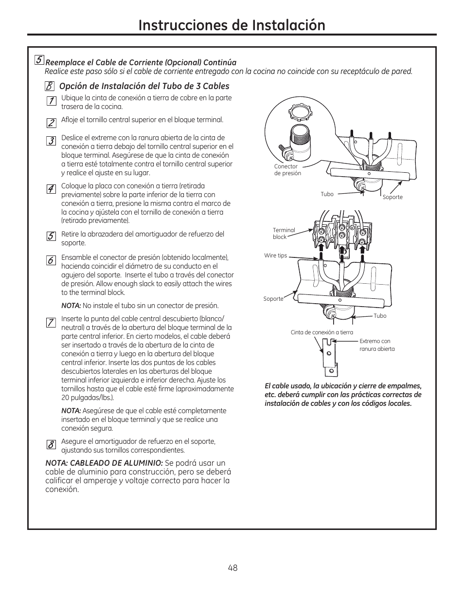 2 opción de instalación del tubo de 3 cables, Instrucciones de instalación | GE C2S985SETSS User Manual | Page 108 / 120