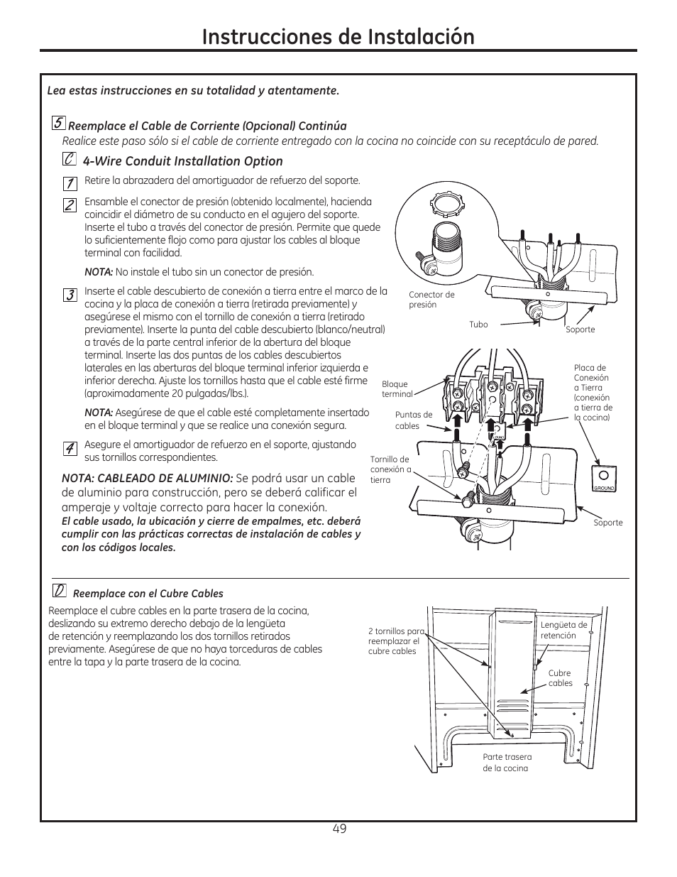 2] 4-wire conduit installation option, Instrucciones de instalación | GE C2S985SETSS User Manual | Page 109 / 120