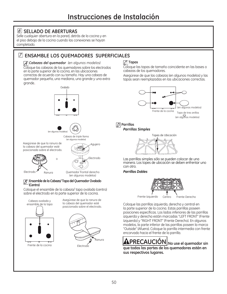 M sellado de aberturas, Ensamble los quemadores superficiales, Instrucciones de instalación | Precaución, Sellado de aberturas | GE C2S985SETSS User Manual | Page 110 / 120
