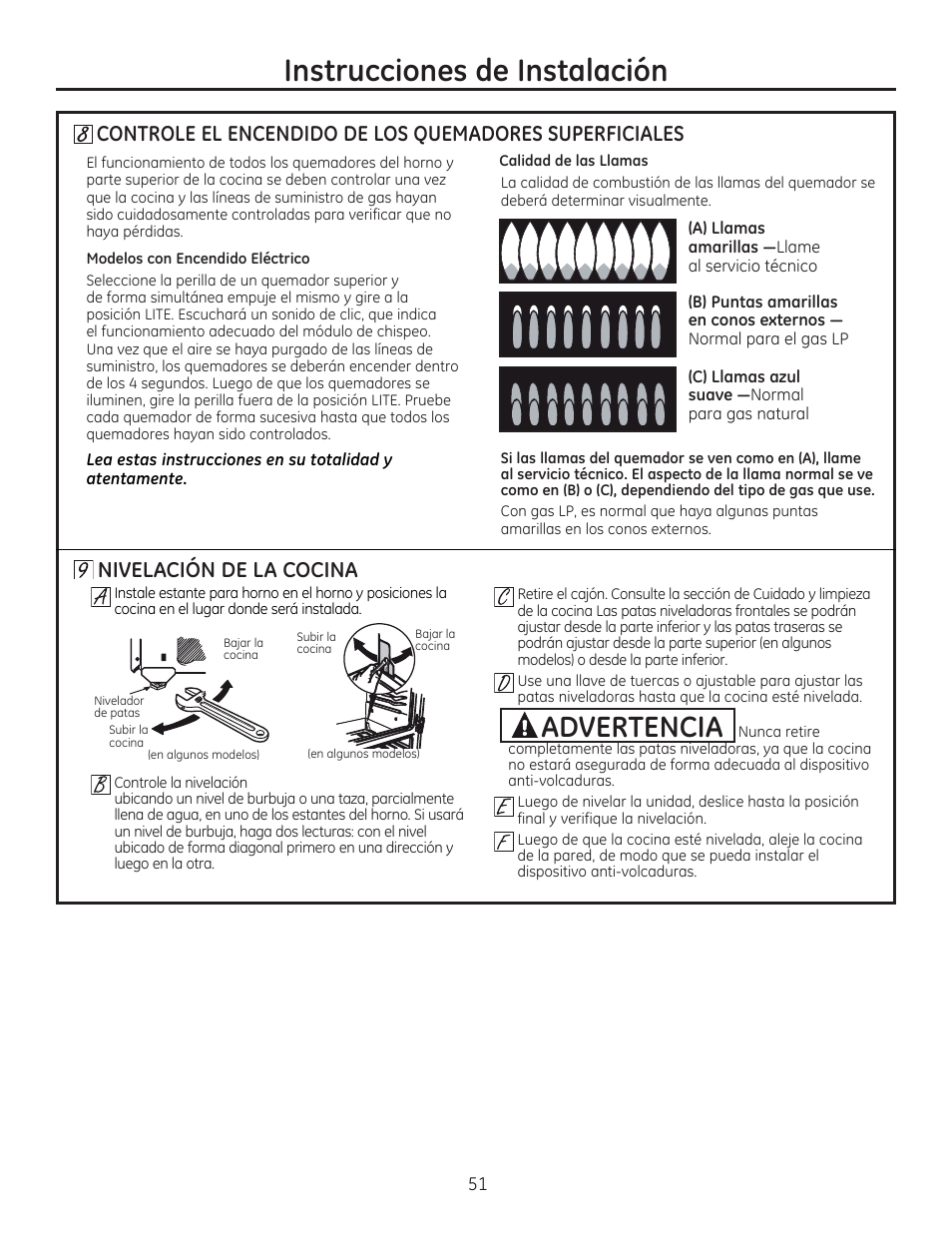 9] nivelacion de la cocina, Nivelación de la cocina, Instrucciones de instalación | Advertencia | GE C2S985SETSS User Manual | Page 111 / 120