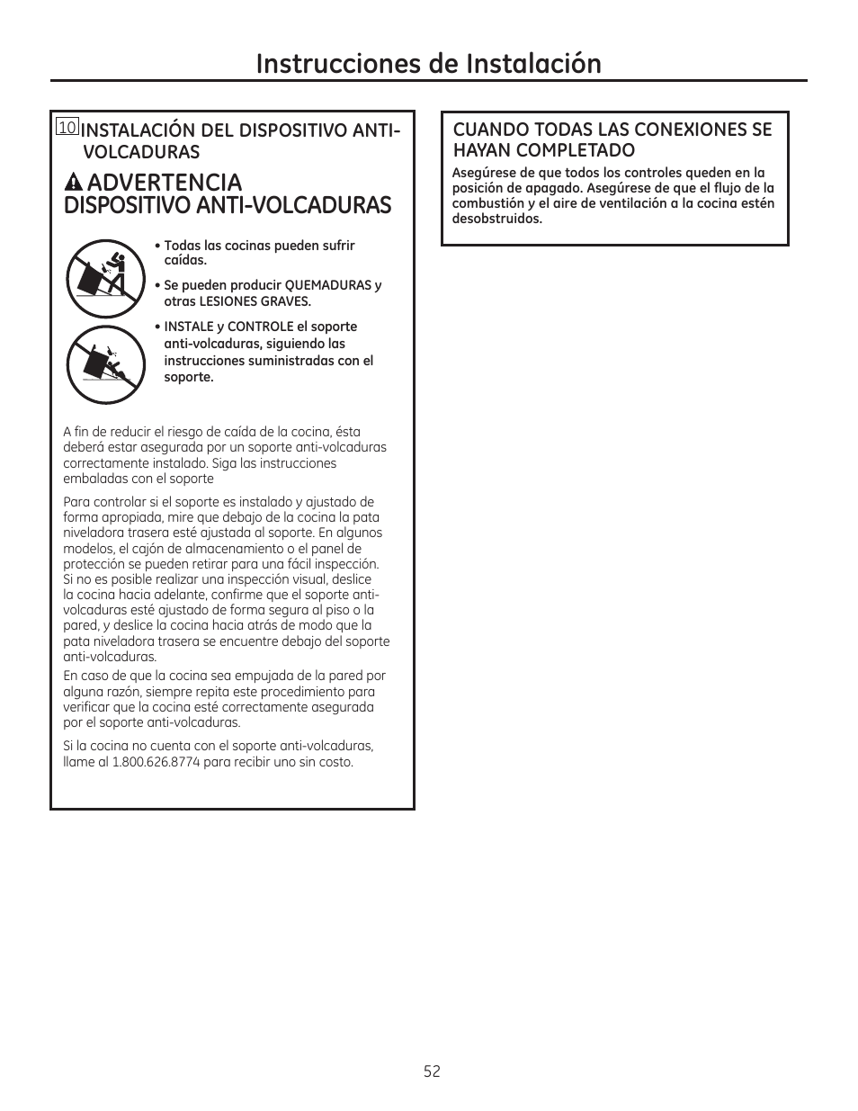 5^instalación del dispositivo antivolcaduras, Cuando todas las conexiones se hayan completado, Instrucciones de instalación | Dispositivo anti-volcaduras, Aadvertencia | GE C2S985SETSS User Manual | Page 112 / 120