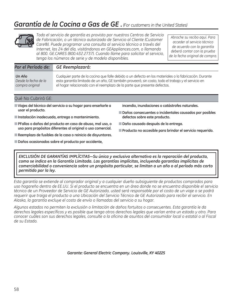 Por el período de: ge reemplazará, Garantía de ¡a cocina a gas de ge | GE C2S985SETSS User Manual | Page 118 / 120