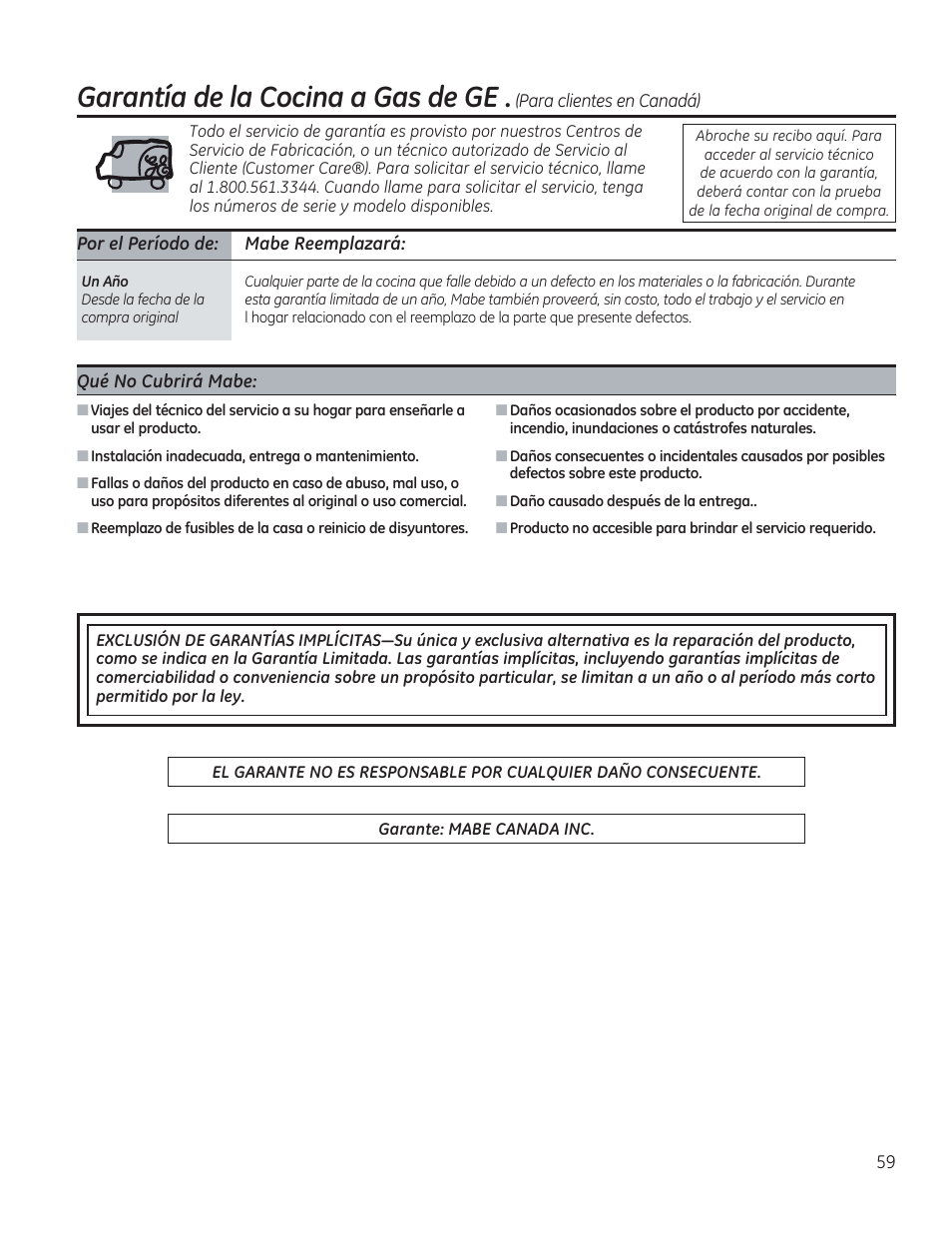 Por el período de: habe reemplazará, Qué no cubrirá mabe, Garantía de ¡a cocina a gas de ge | GE C2S985SETSS User Manual | Page 119 / 120