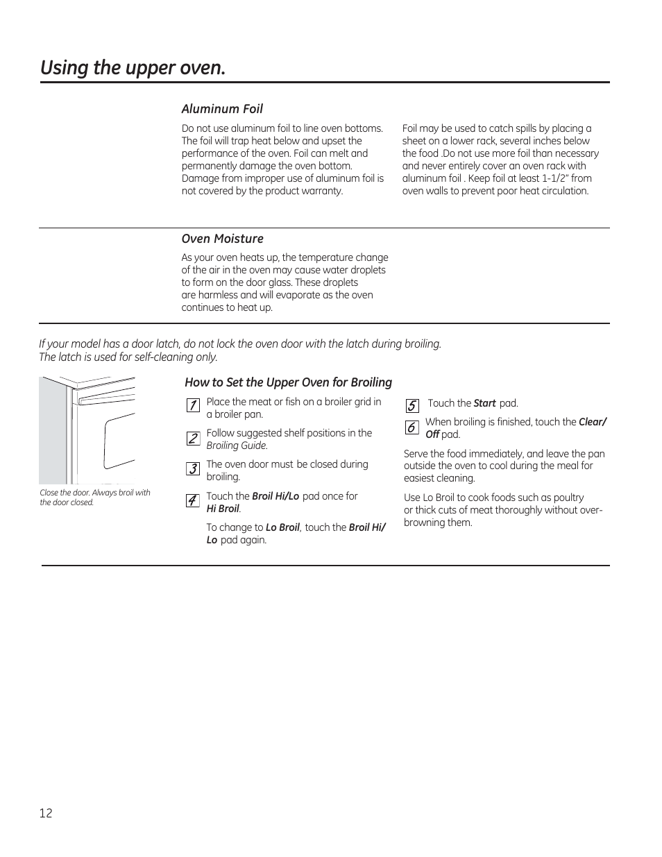 Aluminum foil, Oven moisture, How to set the upper oven for broiling | Using the upper oven | GE C2S985SETSS User Manual | Page 12 / 120