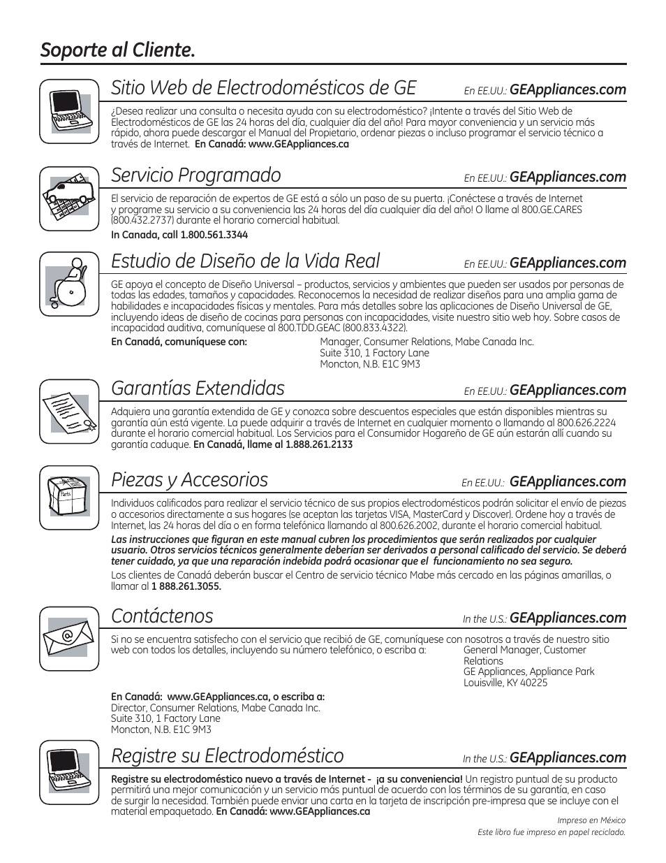 Soporte al cliente, Sitio web de electrodomésticos de ge, Servicio programado | Estudio de diseño de lo vida real, Garantías extendidas, Piezas, Accesorios, Gontáctenos, Registre su electrodoméstico | GE C2S985SETSS User Manual | Page 120 / 120