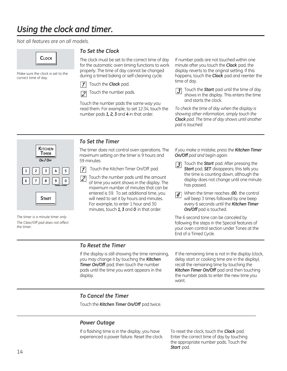 To set the clock, To set the timer, To reset the timer | To cancel the timer, Power outage, Using the dock and timer | GE C2S985SETSS User Manual | Page 14 / 120