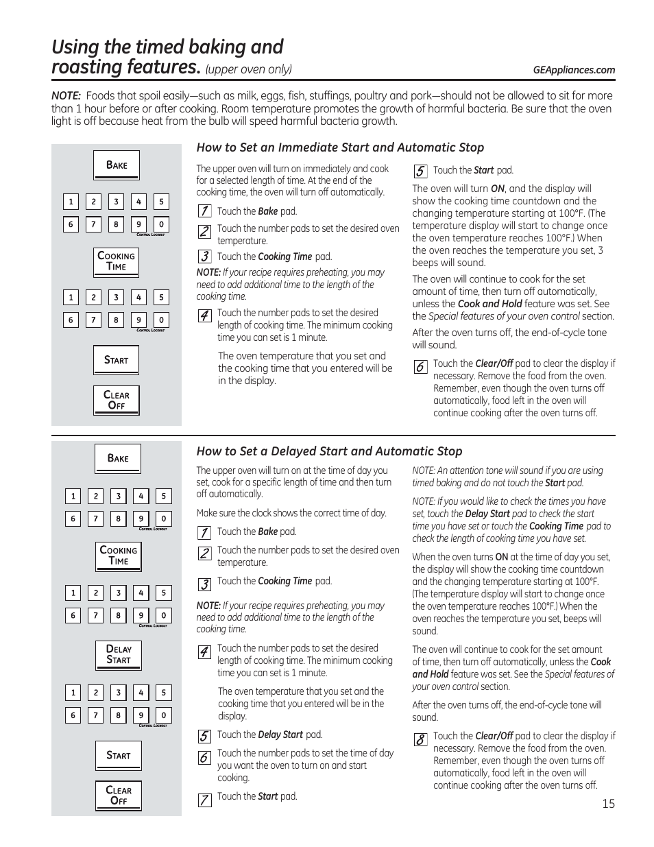 Ш и ш 0 и 0 0 0 0 0, How to set an immediate start and automatic stop, How to set a delayed start and automatic stop | Ш и ш 0 и 0, Using the timed baking and roasting features | GE C2S985SETSS User Manual | Page 15 / 120