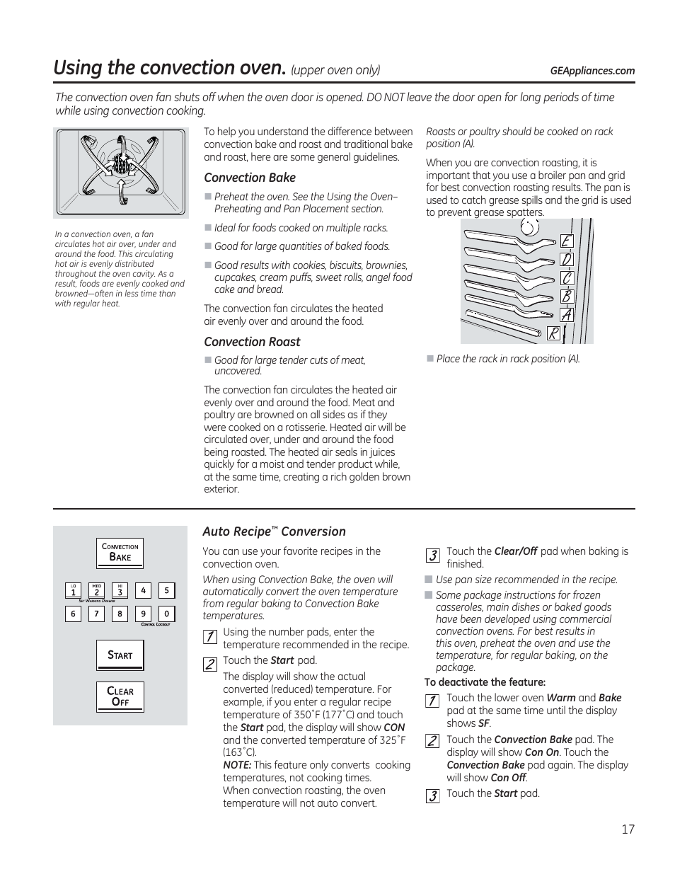 Convection bake, Convection roast, 0 0 h 0 0 | Auto recipe"^ conversion, Convection oven -21, I] [2 [2 0 s, Using the convection oven | GE C2S985SETSS User Manual | Page 17 / 120