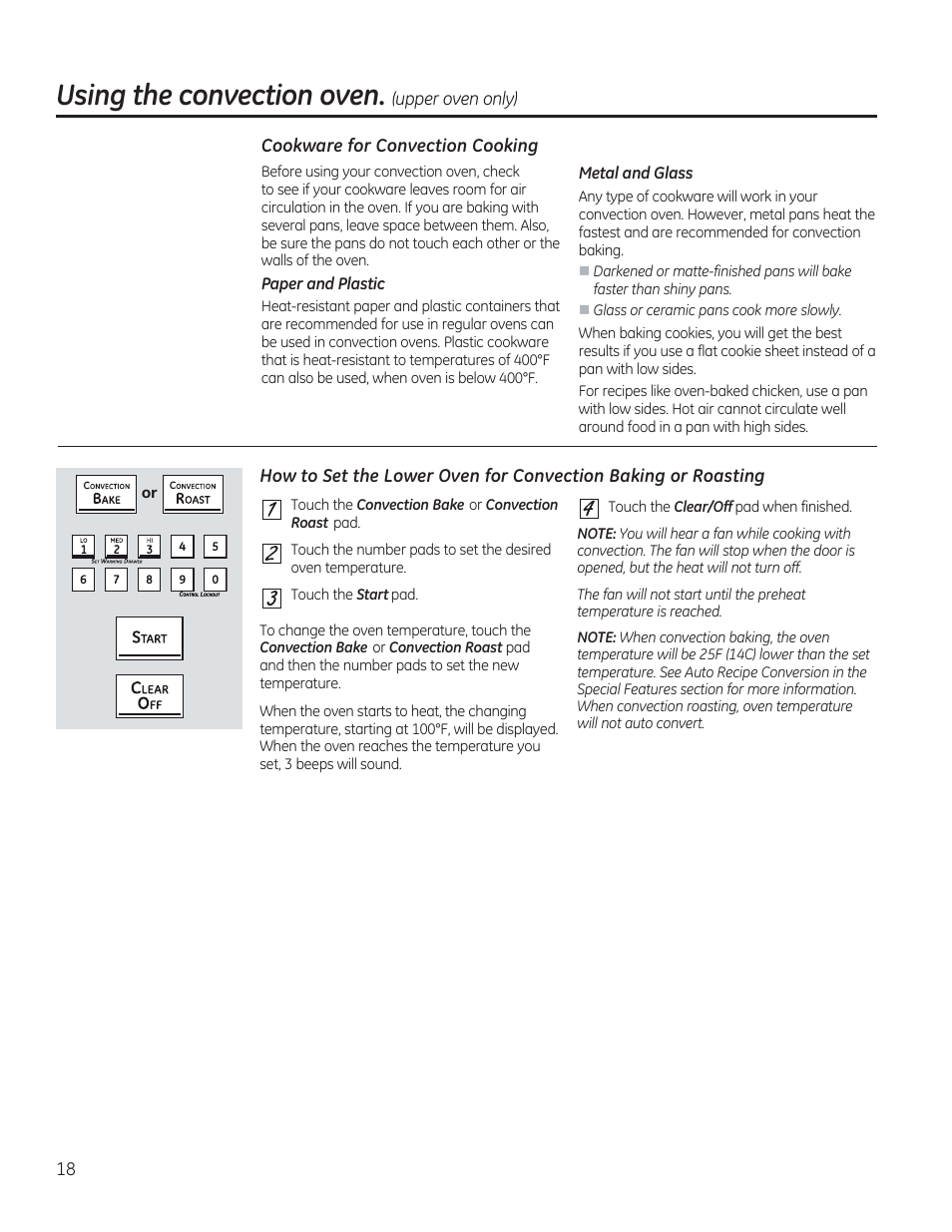Cookware for convection cooking, H 0 h h 0, Using the convection oven | GE C2S985SETSS User Manual | Page 18 / 120