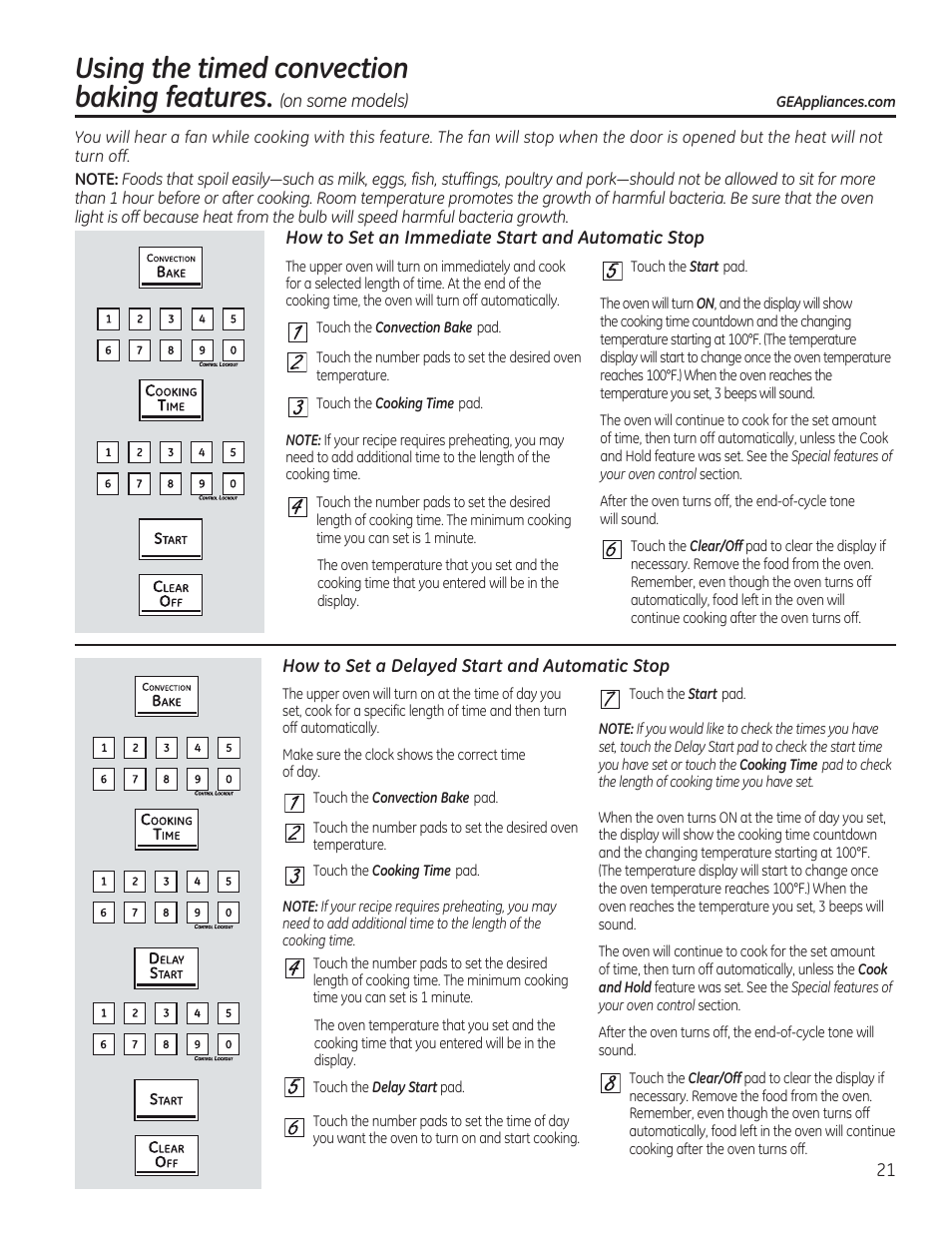 How to set a delayed start and automatic stop, Using the timed convection baking features | GE C2S985SETSS User Manual | Page 21 / 120