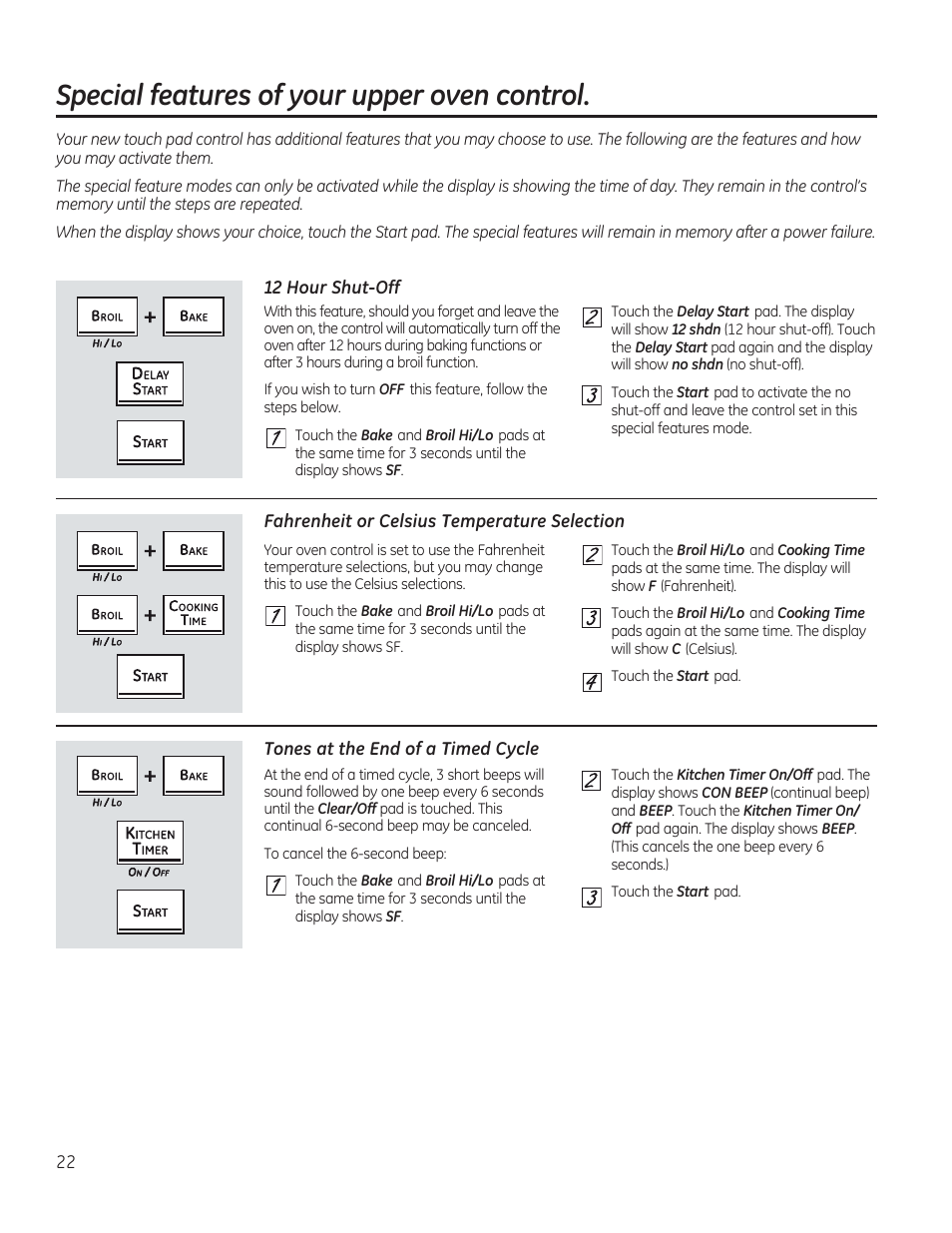 Special features of your upper oven control, 12 hour shut-off, Fahrenheit or celsius temperature selection | Tones at the end of a timed cycle | GE C2S985SETSS User Manual | Page 22 / 120