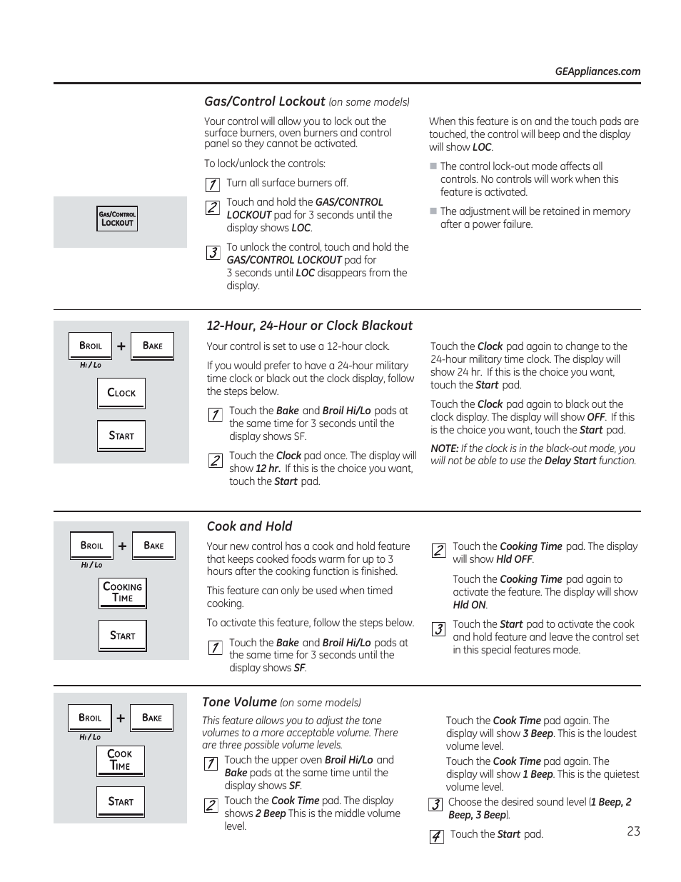 Gas/control lockout (on some models), Hour, 24-hour or clock blackout, Cook and hold | GE C2S985SETSS User Manual | Page 23 / 120