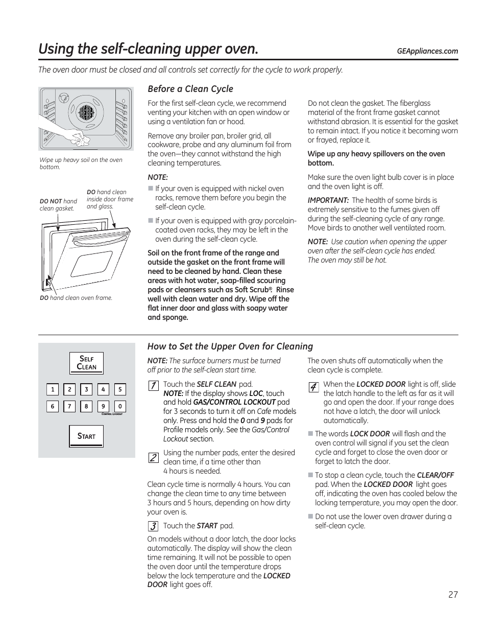 Using the self-cleaning upper oven, Before a clean cycle, How to set the upper oven for cleaning | GE C2S985SETSS User Manual | Page 27 / 120