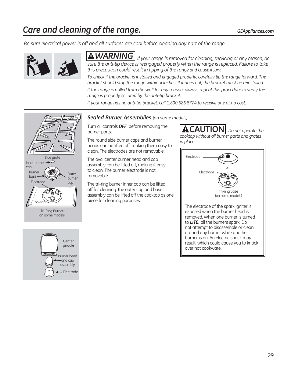 Sealed burner assemblies (on some models), Care and cleaning of the range, Awarning | Acaution | GE C2S985SETSS User Manual | Page 29 / 120