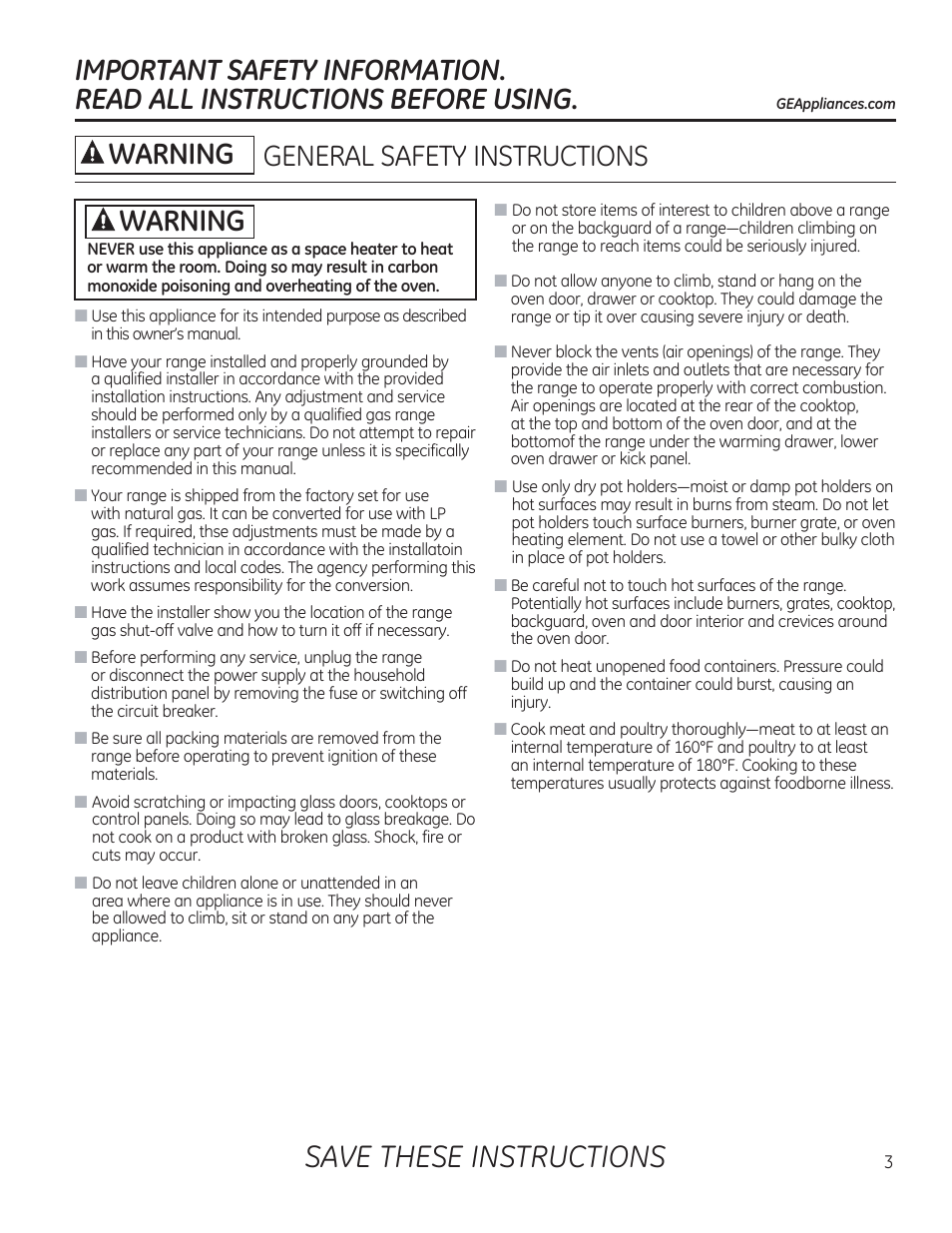 General safety instructions, Safety instructions, Save these instructions | A warning | GE C2S985SETSS User Manual | Page 3 / 120