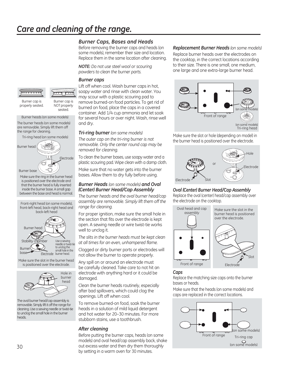 Burner caps, bases and heads, Burner caps and heads, Care and cleaning of the range | GE C2S985SETSS User Manual | Page 30 / 120