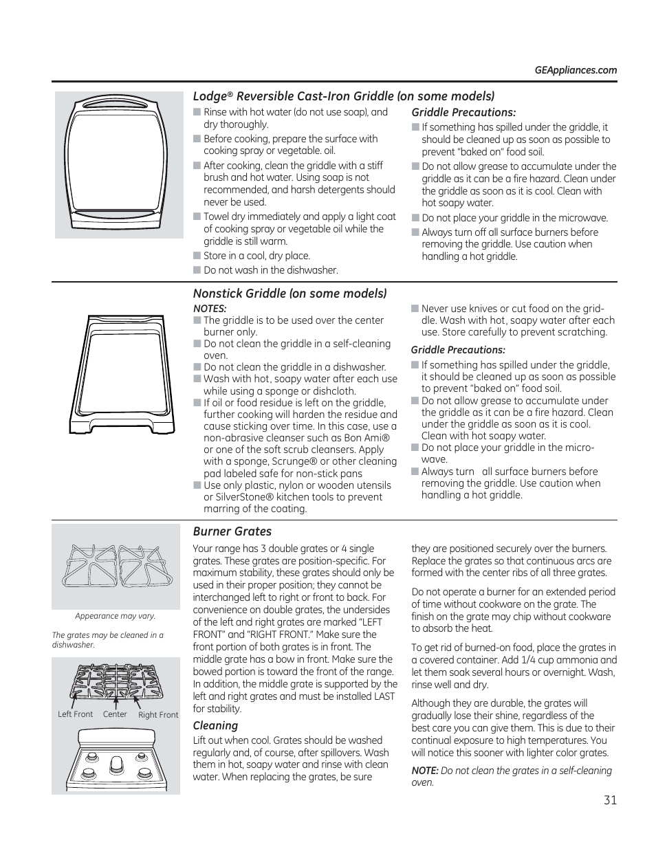 Lodge® reversible cast-iron griddle, On some models), Nonstick griddle (on some models) | Burner grates, Burner grates , 32 | GE C2S985SETSS User Manual | Page 31 / 120