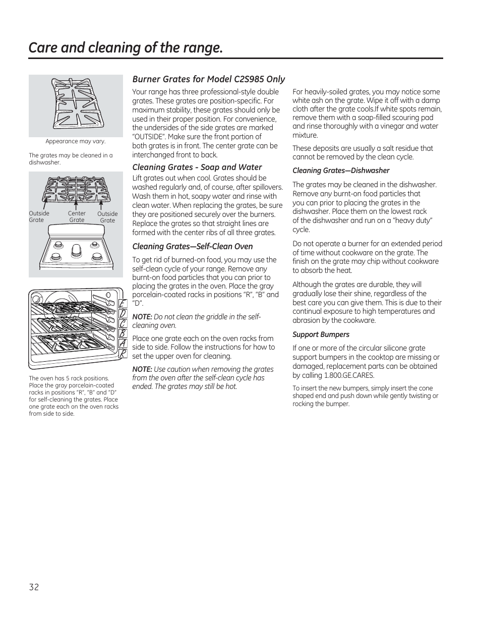 Burner grates for model c2s985 only, Care and cleaning of the range | GE C2S985SETSS User Manual | Page 32 / 120