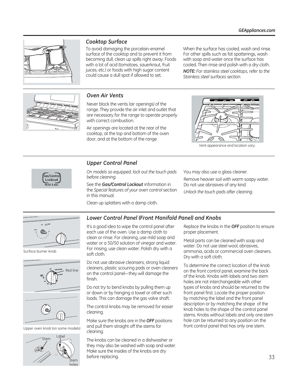 Cooktop surface, Oven air vents, Upper control panel | GE C2S985SETSS User Manual | Page 33 / 120