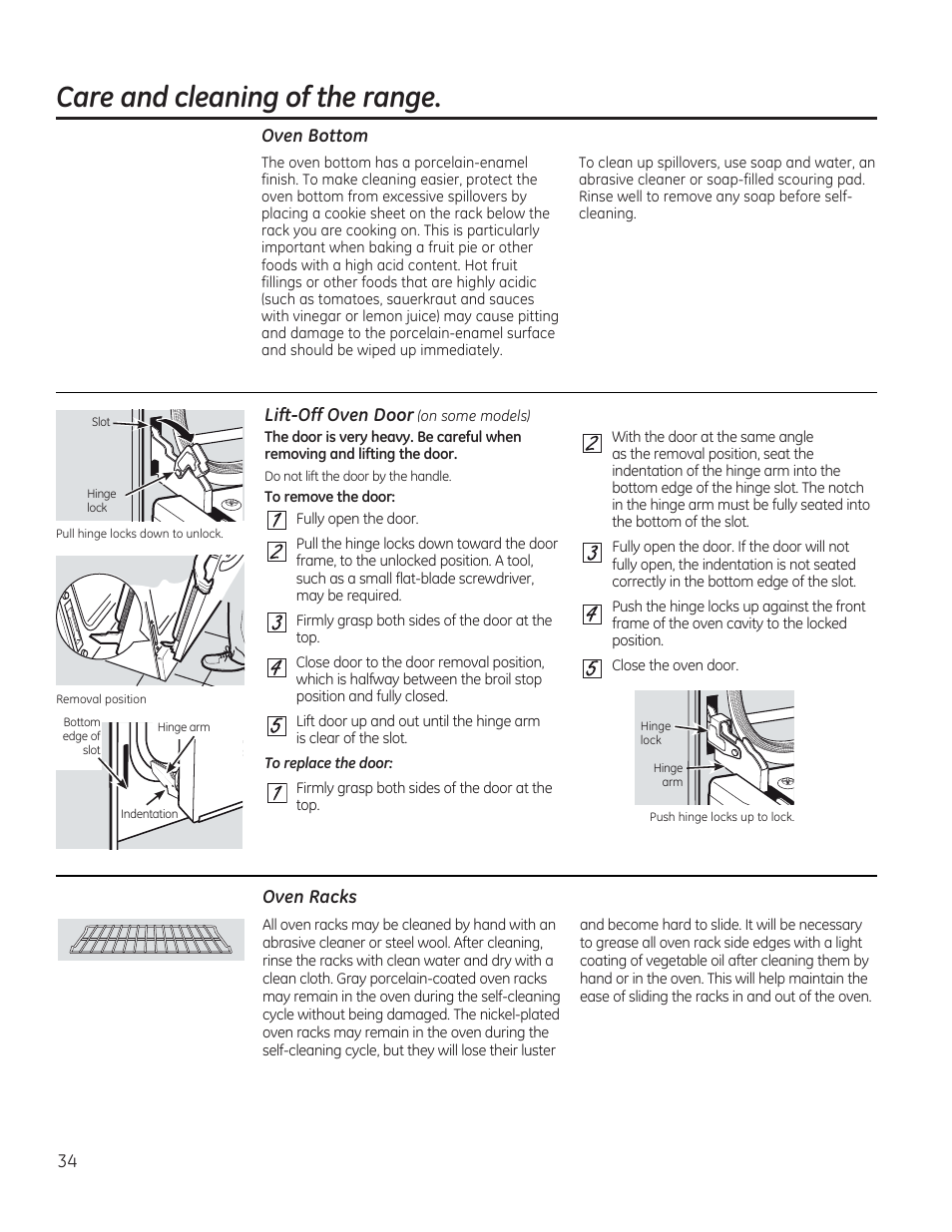Oven bottom, Lift-off oven door ion some models), Oven racks | Care and cleaning of the range | GE C2S985SETSS User Manual | Page 34 / 120