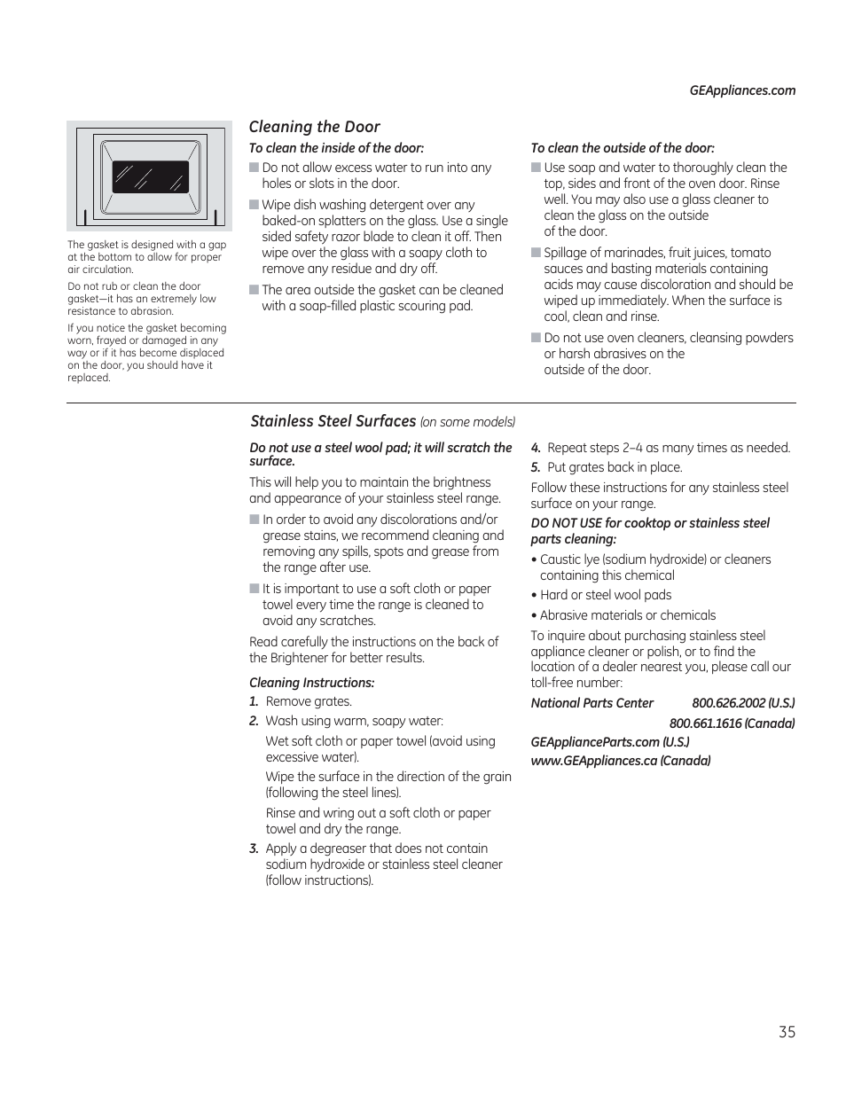 Cleaning the door, Stainless steel surfaces (on some models) | GE C2S985SETSS User Manual | Page 35 / 120