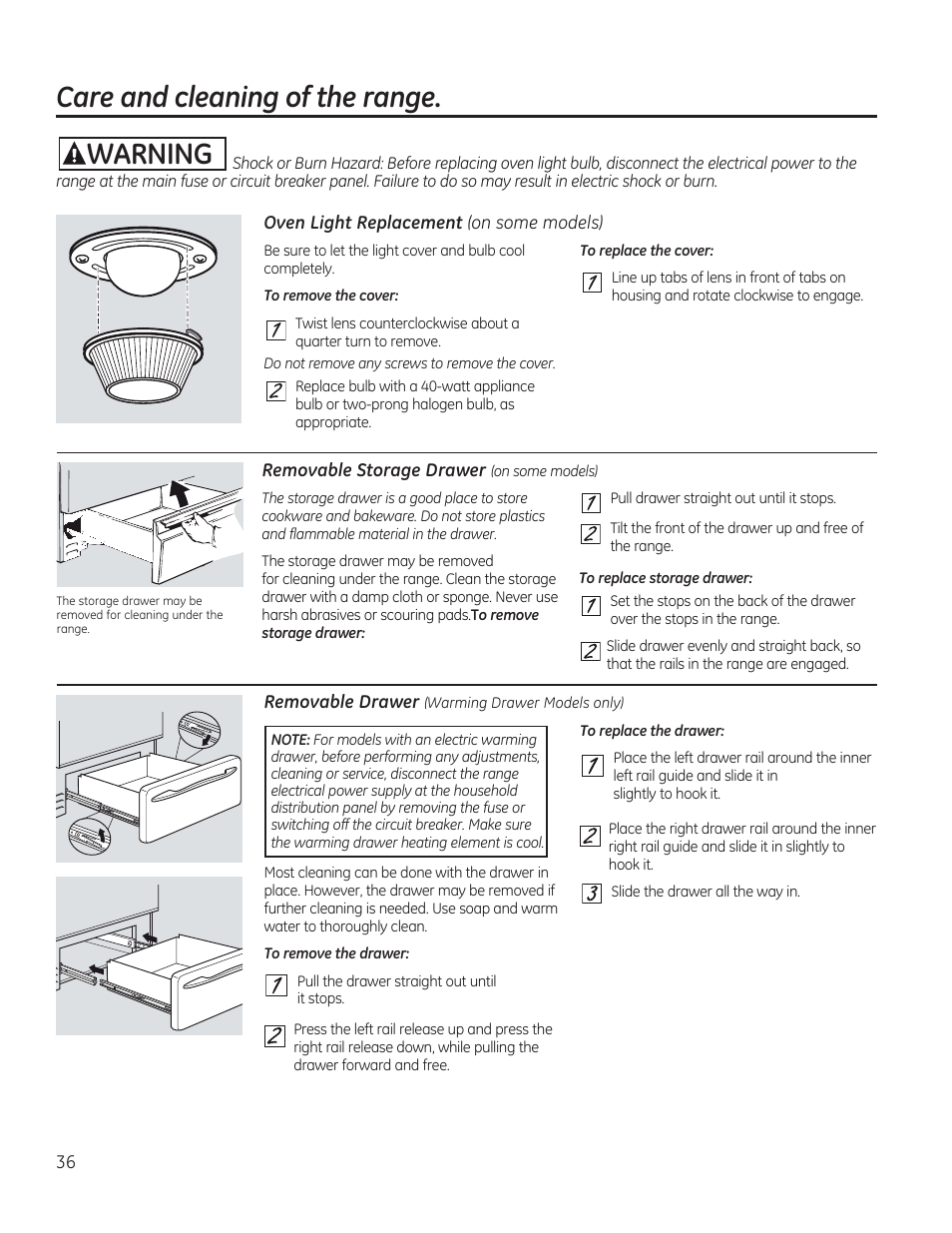 Awarning, Removable storage drawer (on some models), Care and cleaning of the range. awarning | GE C2S985SETSS User Manual | Page 36 / 120