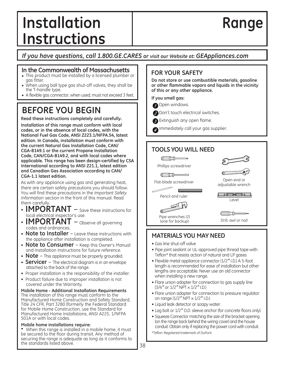 For your safety, Materials you may need, Installation instructions range | Before you begin, Important | GE C2S985SETSS User Manual | Page 38 / 120