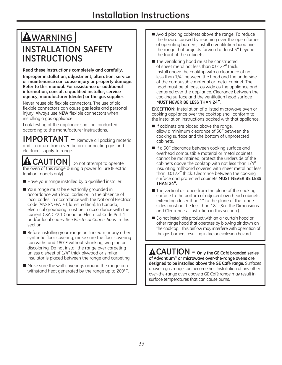 Installation safety instructions, A caution, Installation instructions | Important, Acaution, Warning | GE C2S985SETSS User Manual | Page 39 / 120
