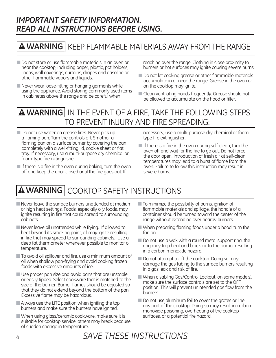 Cooktop safety instructions, Save these instructions, A warning | Keep flammable materials away from the range | GE C2S985SETSS User Manual | Page 4 / 120