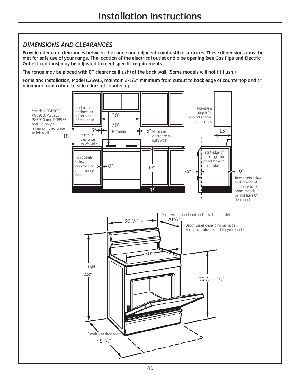 Installation instructions, Dimensions and clearances | GE C2S985SETSS User Manual | Page 40 / 120