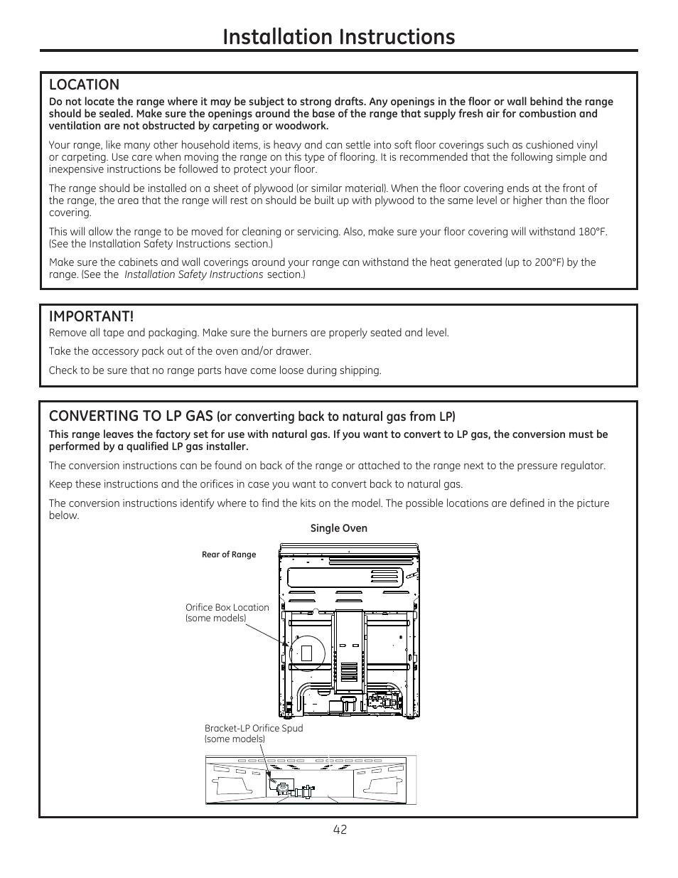 Location, Important, Installation instructions | GE C2S985SETSS User Manual | Page 42 / 120