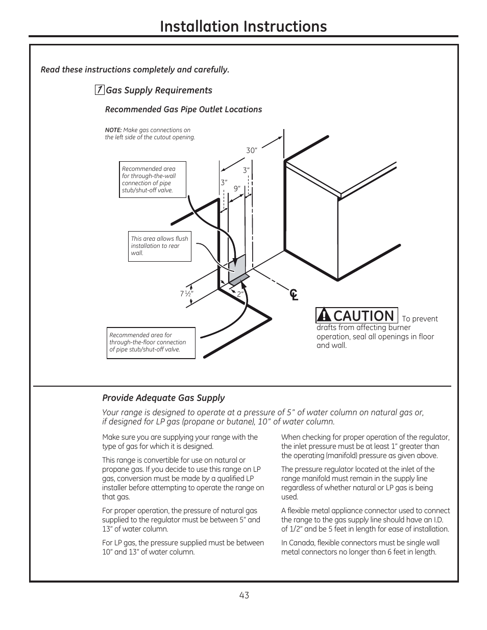 7] gas supply requirements, Provide adequate gas supply, Installation instructions | GE C2S985SETSS User Manual | Page 43 / 120
