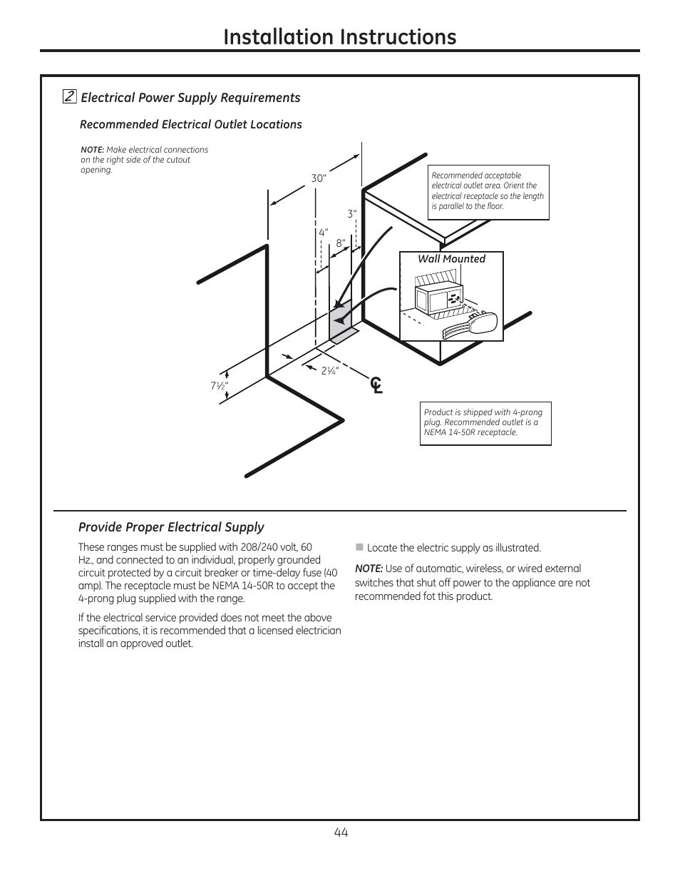Provide proper electrical supply, Installation instructions | GE C2S985SETSS User Manual | Page 44 / 120