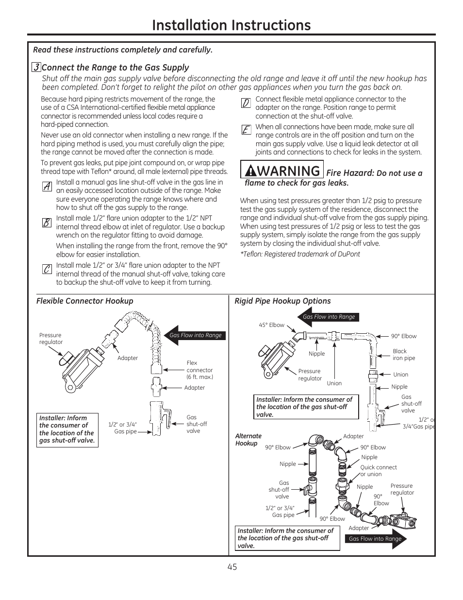 Connect the range to the gas supply, Installation instructions, Awarning | GE C2S985SETSS User Manual | Page 45 / 120