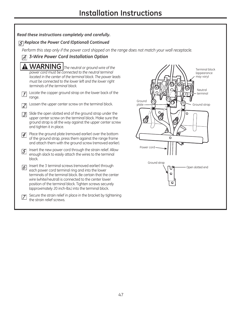 A warning, Installation instructions, Warning | GE C2S985SETSS User Manual | Page 47 / 120
