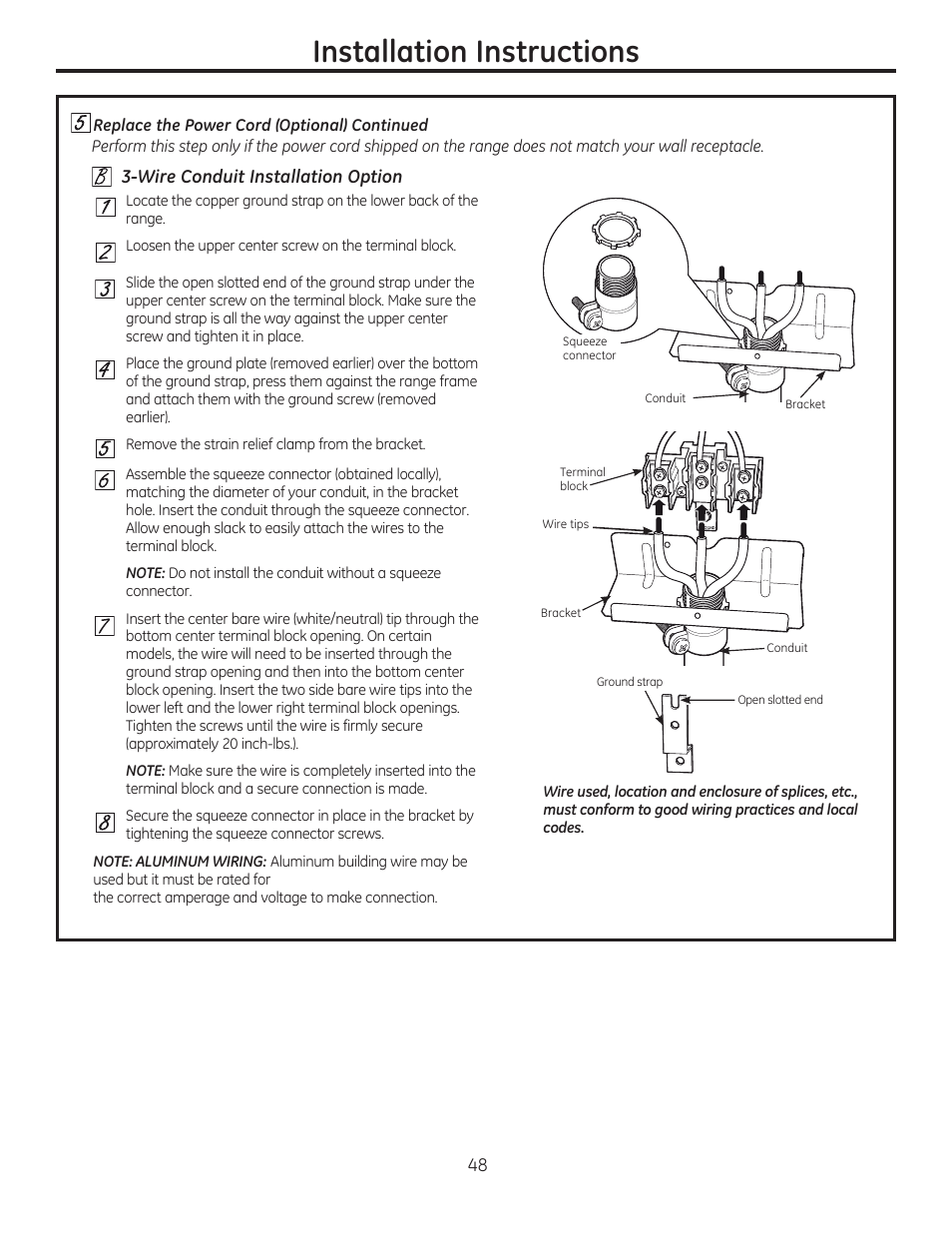 2 3-wire conduit installation option, Installation instructions | GE C2S985SETSS User Manual | Page 48 / 120