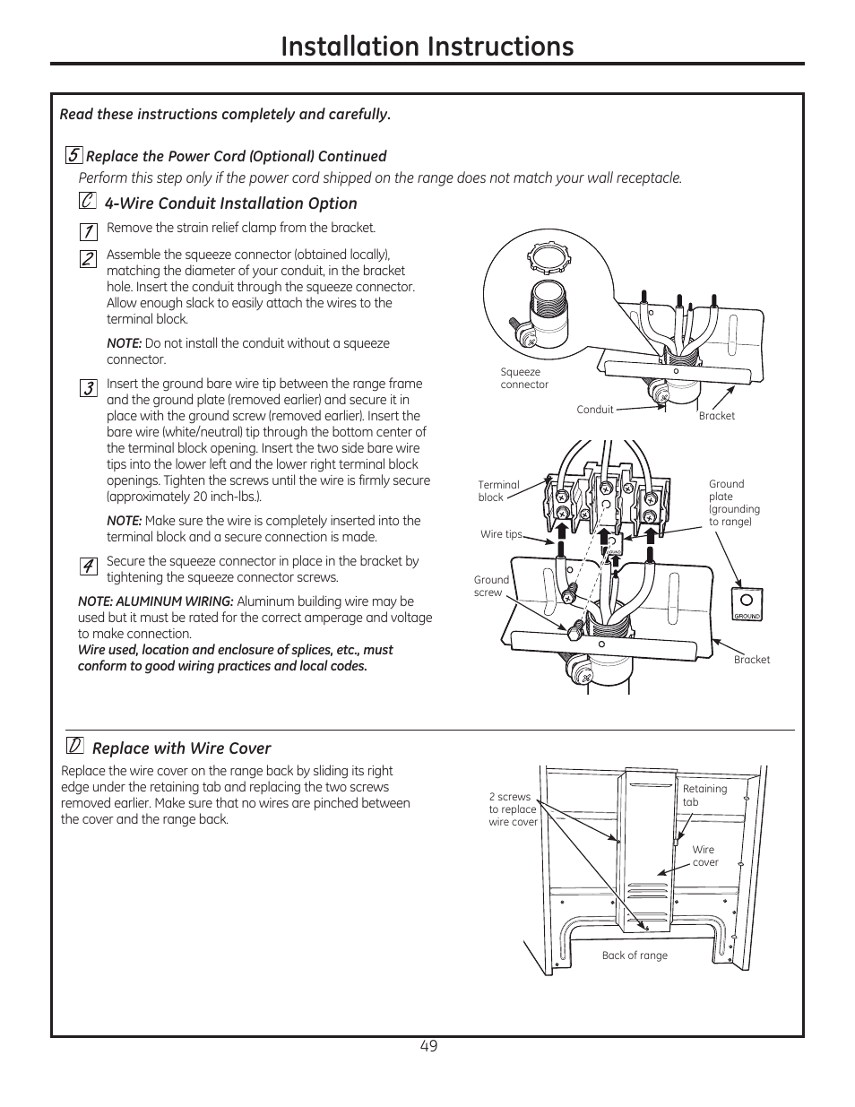 Q\ replace with wire cover, Installation instructions | GE C2S985SETSS User Manual | Page 49 / 120