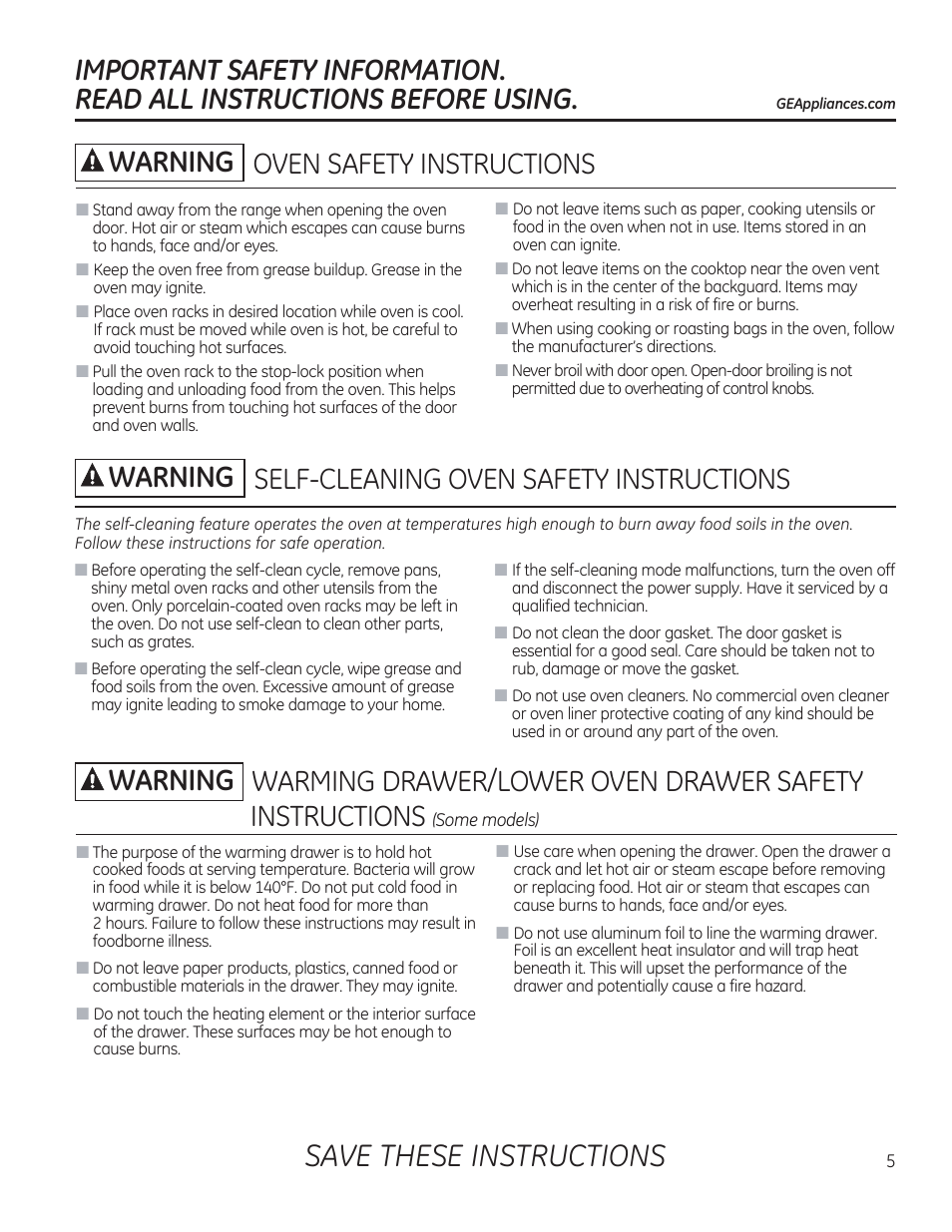 Oven safety instructions, Self-cleaning oven safety instructions, A warning warming drawer/lower oven drawer safety | Save these instructions, A warning | GE C2S985SETSS User Manual | Page 5 / 120