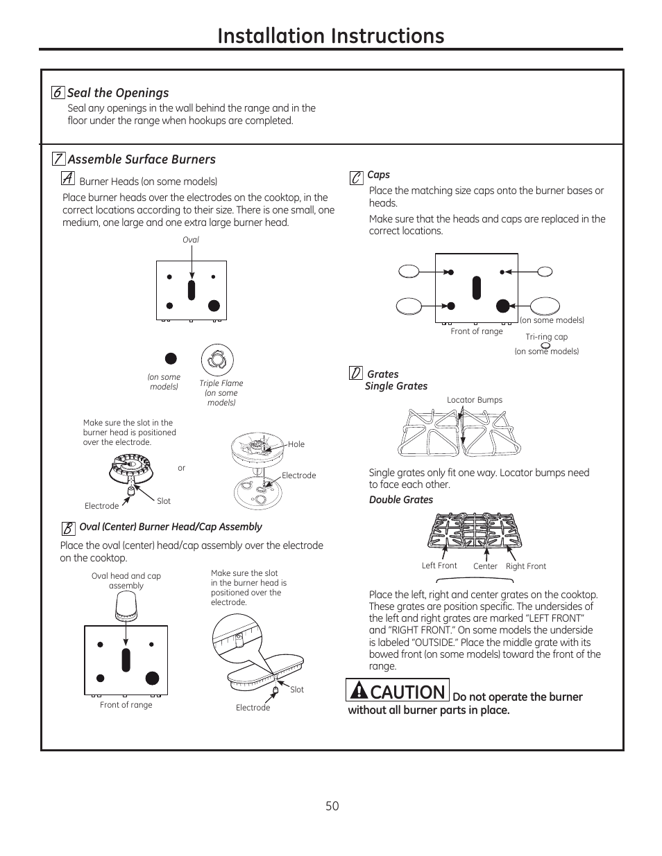 Seal the openings, 7} assemble surface burners, Installation instructions | Caution | GE C2S985SETSS User Manual | Page 50 / 120