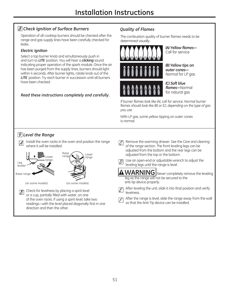 2] check ignition of surface burners, Quality of flames, 2 level the range | Awarning, Level the range, Installation instructions | GE C2S985SETSS User Manual | Page 51 / 120