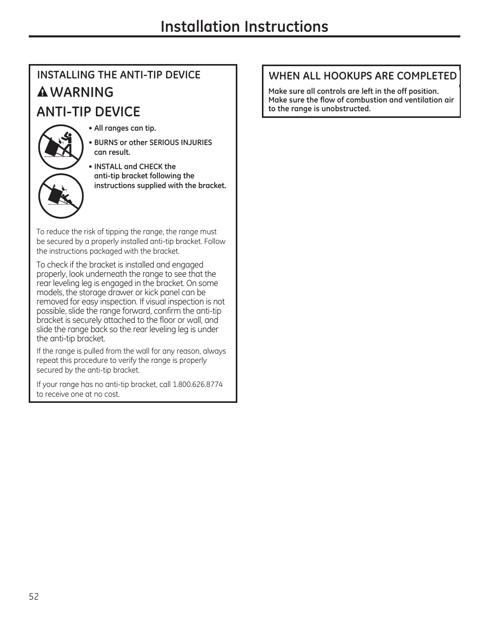Installing the anti-tip device, When all hookups are completed, Installation instructions | Awarning anti-tip device | GE C2S985SETSS User Manual | Page 52 / 120